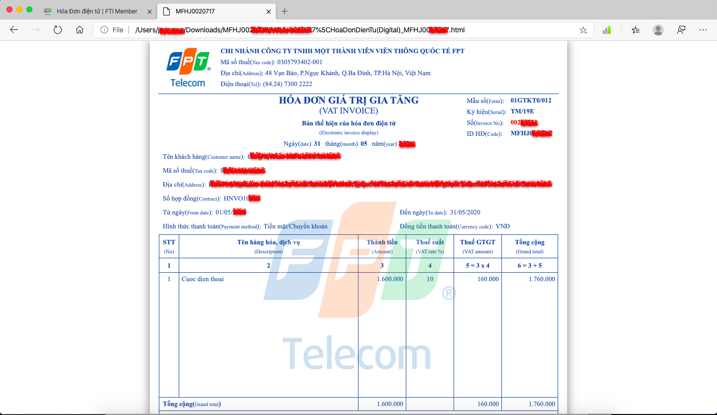 hướng dẫn tải hoá đơn điện tử fpt telecom